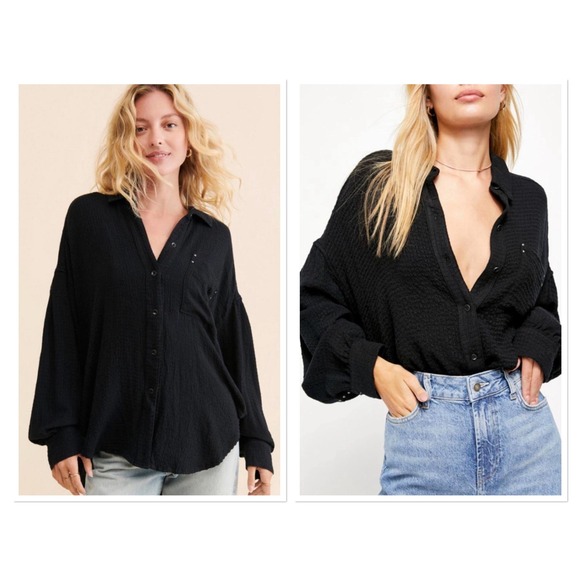 Free People Tops - Free People Hidden Valley Button Down Black Shirt Textured Oversized Lounge S
